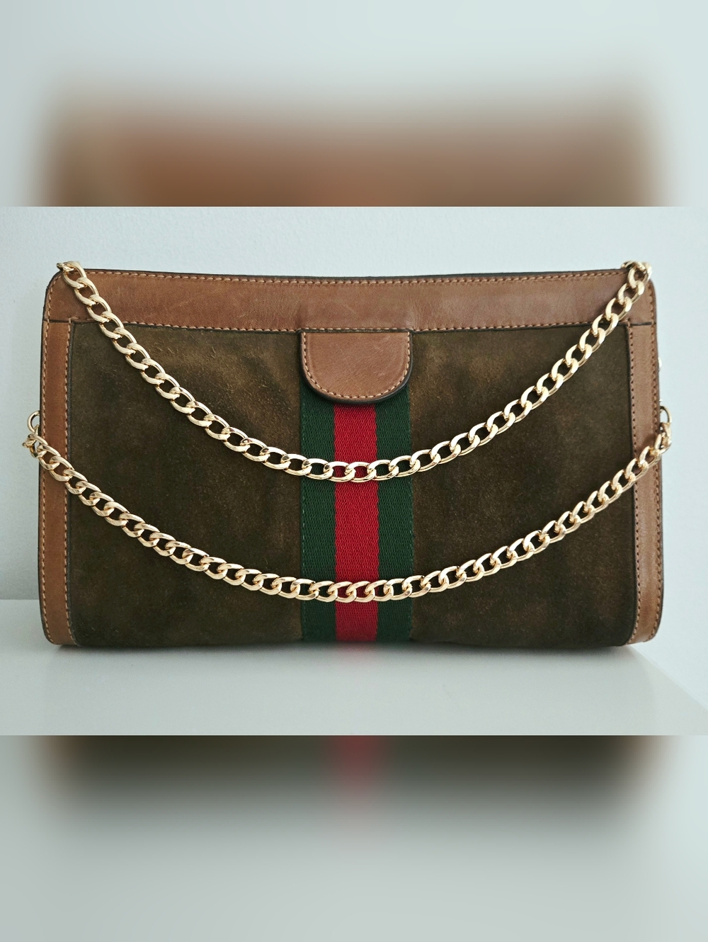 Authentic GUCCI GG Web Stripe Vintage Suede Camel Tan Clutch Crossbody WOC Bag